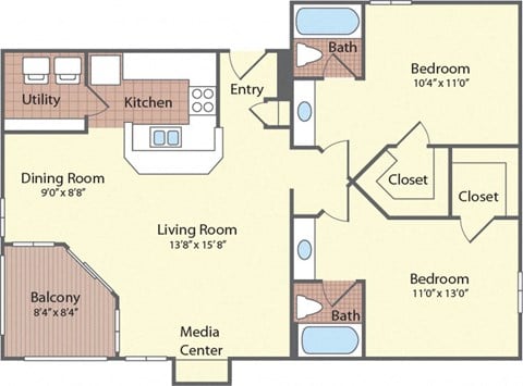 Floor plan for 2 beds, 2 baths, 1054 sqft